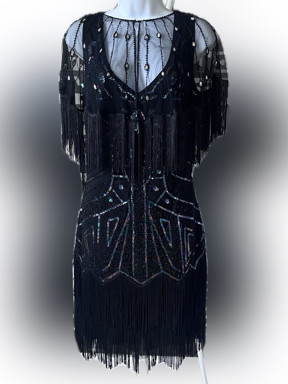 Black Flapper Sequin Beaded Fringe Dress with Matching Cape Size Large